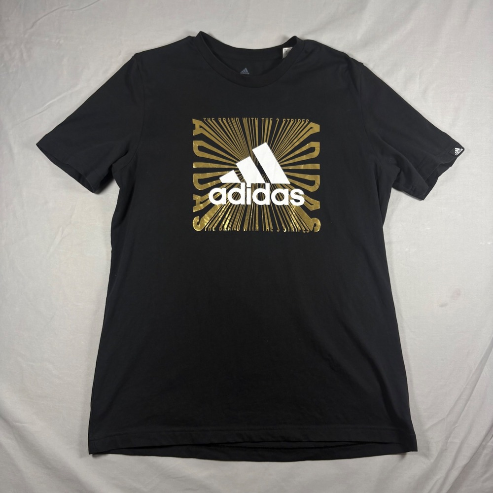 Adidas Graphic Tee Mens Medium Black Gold Metallic Sunburst Logo T-Shirt GL2393